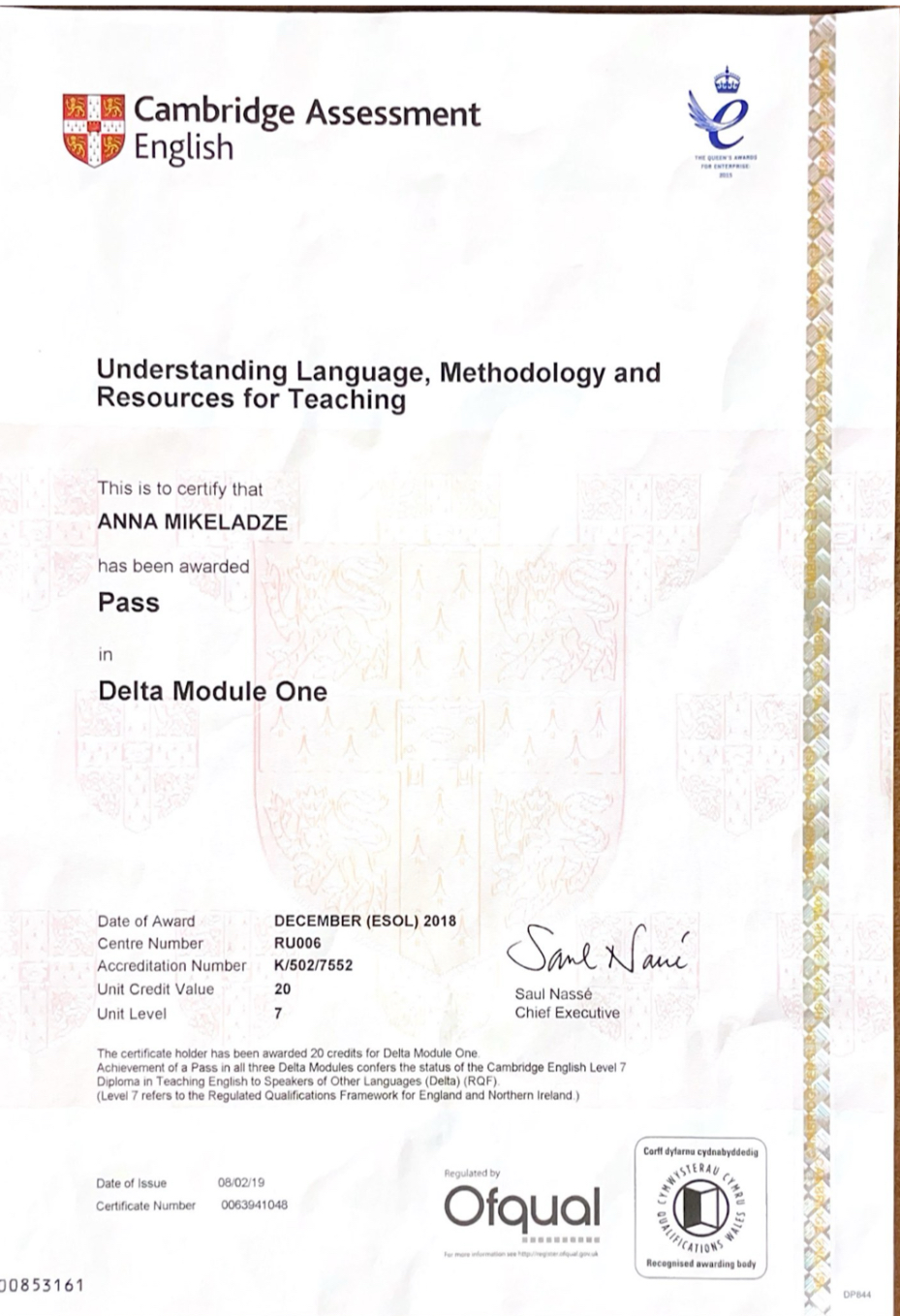 Cambridge DELTA certificate, IH London